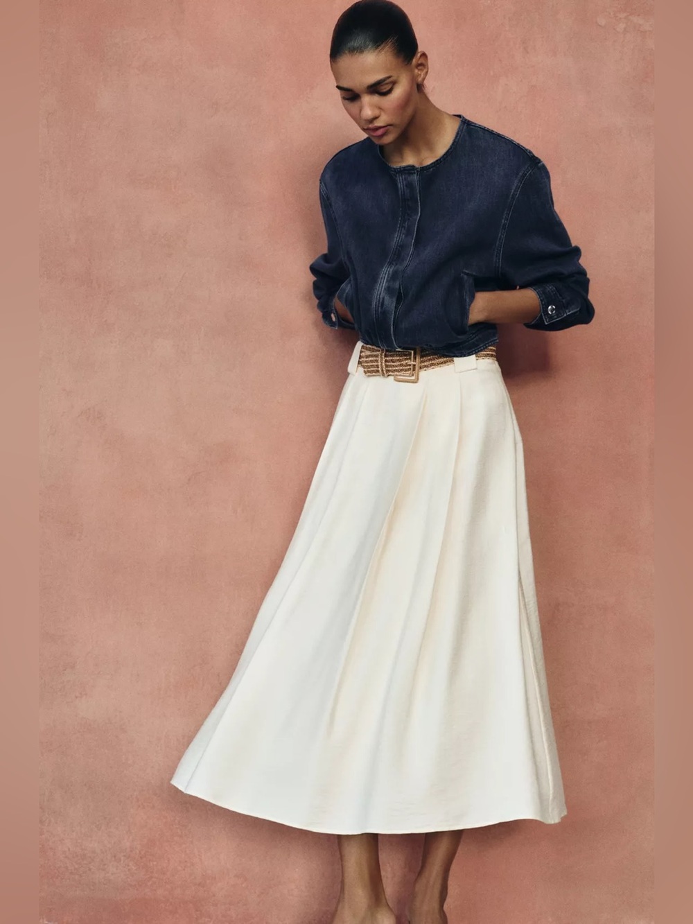 Zara NEW Midi Skirt Braided Belt A-Line Hem Flowy High Waist Lined Ecru Small